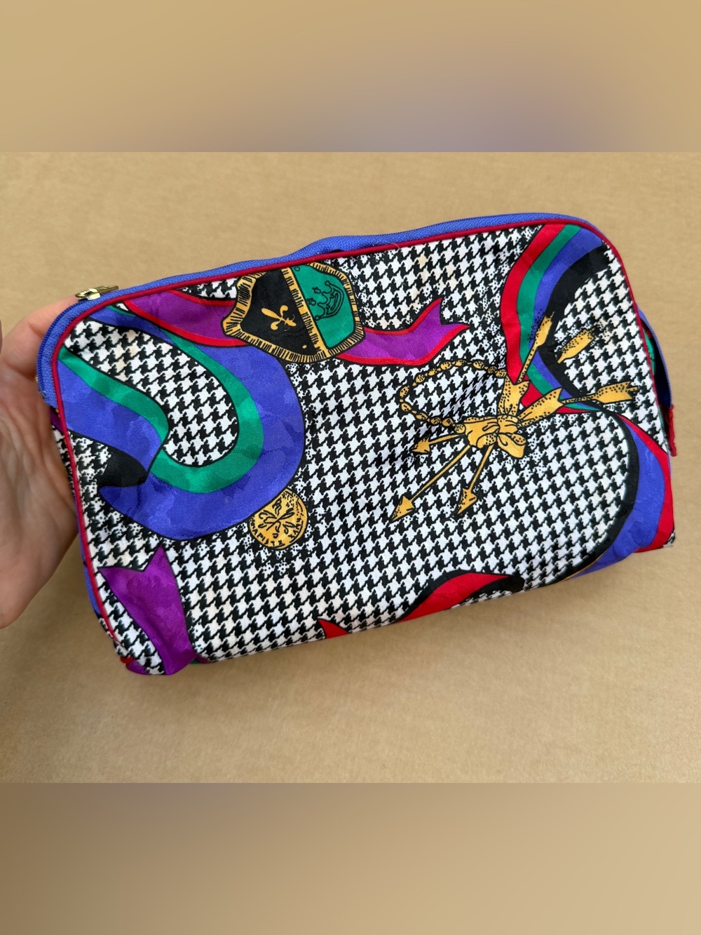 Vintage Christian Dior Sacs de Beauté Cosmetic Bag Houndstooth Colorful Print US